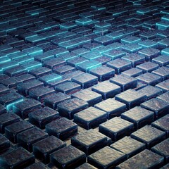 Obraz premium 3d rendering of glowing blue brick wall and undulating blocks abstract background texture