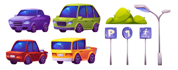 Car parking elements set isolated on white background. Vector cartoon illustration of different color modern autos, traffic signs with arrow and pedestrian crossing symbols, street lamp, green bush © klyaksun