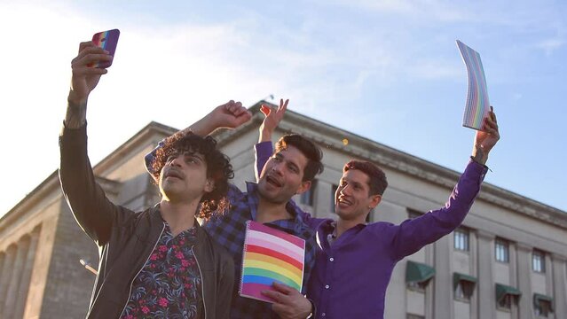 Vibrant Celebration taking photos with Young Gay friends at university