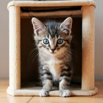 A cute cat is in a cat's house.