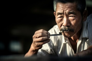 Photography a focused close-up of a mature Asian man shaving his face, using a straight razor while seated on a wooden bench outdoors