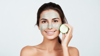 Beautiful young woman with facial mask on her face holding slice of cucumber. Skin care and treatment, spa, cosmetology concept.

