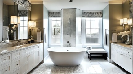A luxurious and serene spa-like bathroom with a glass shower, freestanding tub, and elegant tilework. - Powered by Adobe
