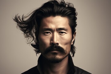 Portrayal featuring the bold and expressive goatee and sideburns of an Asian man, the facial hair adding a touch of rugged masculinity and allure, against a neutral-toned background