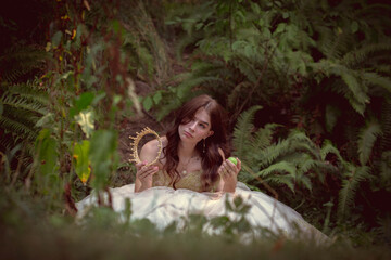 Woman in Woods Choosing Apple or Crown