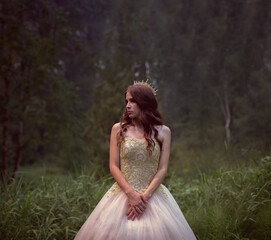 Fototapeta na wymiar Woman in Beaded Gown Standing in Dark Forest