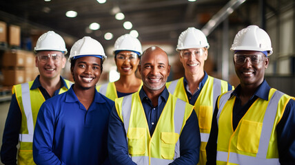 Smiling group of workers with hard hats. Warehouse team.

 - obrazy, fototapety, plakaty
