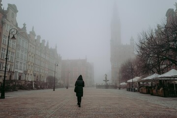 Foggy European old town of Gdansk in Poland - obrazy, fototapety, plakaty