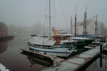 Foggy port with yachts in Gdansk Poland