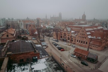 Foggy city view from ferris wheel in Gdansk Poland