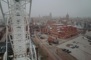 Foggy city view from ferris wheel in Gdansk Poland