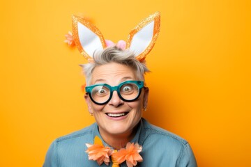 An activist with disabilities, aged 40, happily wearing bunny ears and surrounded by Easter decorations, against a soft pastel apricot backdrop suitable for Easter-themed marketing materials - obrazy, fototapety, plakaty