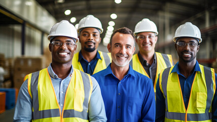 Mixed and diverse group of people working in a warehouse. 

