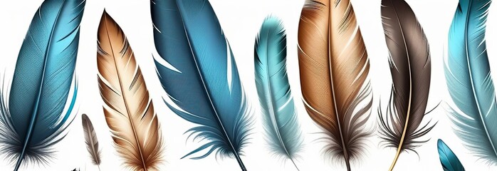 Cute Boho collection, featuring a set of bird feathers on a white background. banner.