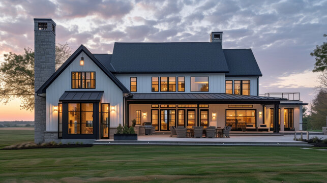 This modern farmhouse exudes elegance and comfort with its chic design and open layout. The large windows allow for an abundance of natural light creating a warm and soothing