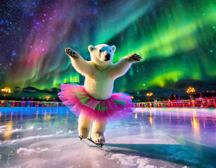 Beautiful polar bear figure skating under a vibrant northern lights sky