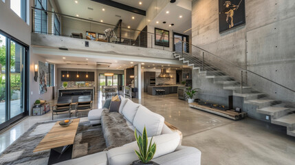 Step into this Brutalist masterpiece and be greeted by a raw concrete staircase leading up to a spacious living area boasting towering ceilings and a sleek industrial aesthetic.