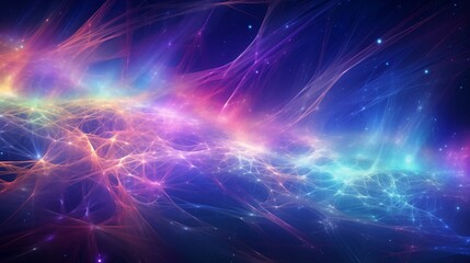 Intricate webs of light stretching across a cosmic canvas, weaving a tapestry of vibrant hues