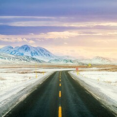 Icy winter road through the tundra hills in Teriberka