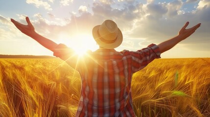 man standing confident opening hands, looking at the meadow landscape summertime sunset
