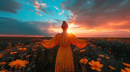 woman standing confident opening hands, looking at the meadow landscape summertime sunset