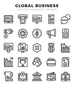 Global Business Icons Pack. Lineal icons set. Lineal icon collection set.