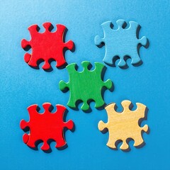 Mixed Peaces of a Colorful Jigsaw Puzzle Lie on the Blue Background