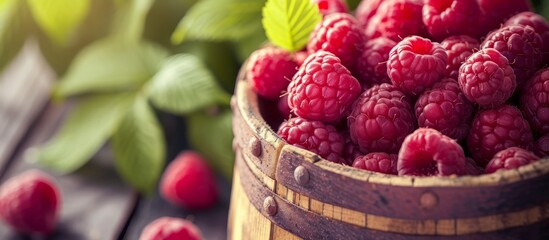 A basket of ripe raspberries sits on a wooden table, ready to be used as a delicious ingredient in...