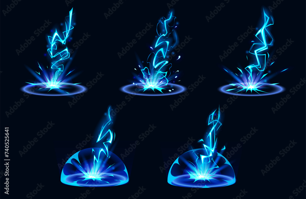 Poster lightning hit ground or floor with burst vfx effect, light ball and smoke clouds. cartoon vector ill