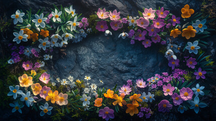 Multicolored spring flowers on a rock top view