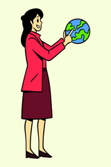 Female Teacher Carrying a Globe Vector Illustration