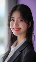 smiling or laughing Korea female office worker with black straight hair