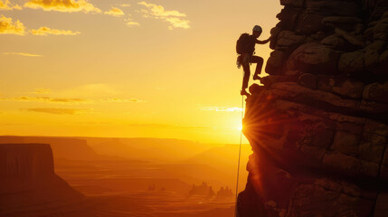 An extreme athlete conquers a high cliff in the Valley of the Gods, while the setting sun creates a dramatic silhouette behind him, Ai Generated Images - obrazy, fototapety, plakaty
