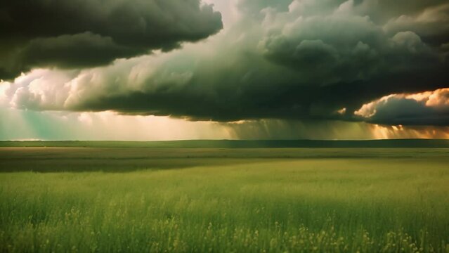 a vast field filled with tall grasses swaying under a cloudy sky The scene captures the natural beauty of an expansive prairie on a stormy day, An expansive prairie under a stormy sky, AI Generated