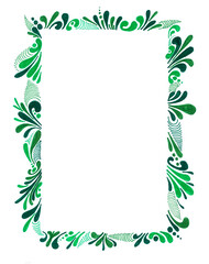 Frame made of decorative elements of various shades of green. White background and copy space. Drops, curls, lines, dots. All lines are delicate and elegant. Postcard, certificate, invitation.