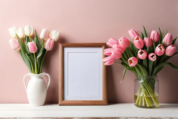 Blank picture frame mockup. Wooden bench, table composition. Spring bouquet of pink tulips, white daffodils - Mockup
