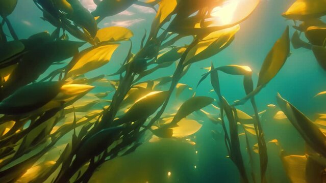 a large group of vibrant green seaweed floating on the water's surface, creating a dense and lively display, A vibrant underwater display of a bustling kelp forest, AI Generated