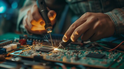 Technician repairing a circuit board. The image captures a person's hands using a soldering iron to fix components on a PCB, with sparks flying in a low-light workshop environment.