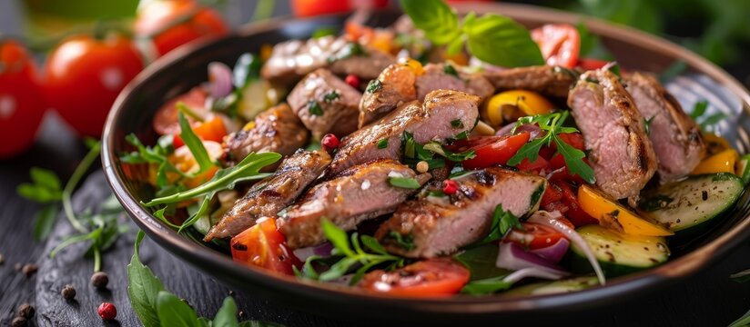 A delicious dish of meat and vegetables served on a table, prepared with fresh produce and a healthy salad as a side. Perfect for a nutritious meal