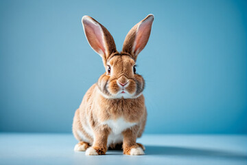Obraz premium Adorable Easter bunny with big ears on light blue background