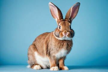 Adorable Easter bunny with big ears on light blue background