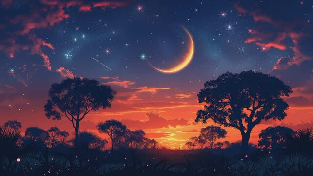 beautiful view of Ramadan, trees, crescent moon. seamless looping time-lapse animation video background
