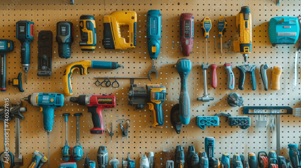 Aufkleber a collection of power tools from a cordless drill to a jigsaw to a circular saw hang neatly on a peg