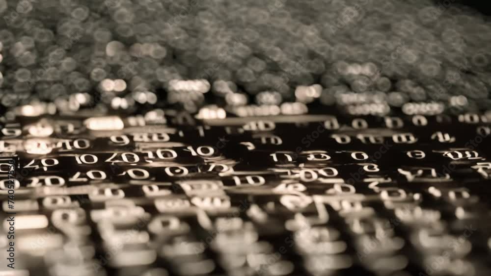 Poster black and white photo showing a sequence of numbers on a software interface, binary code streaming i