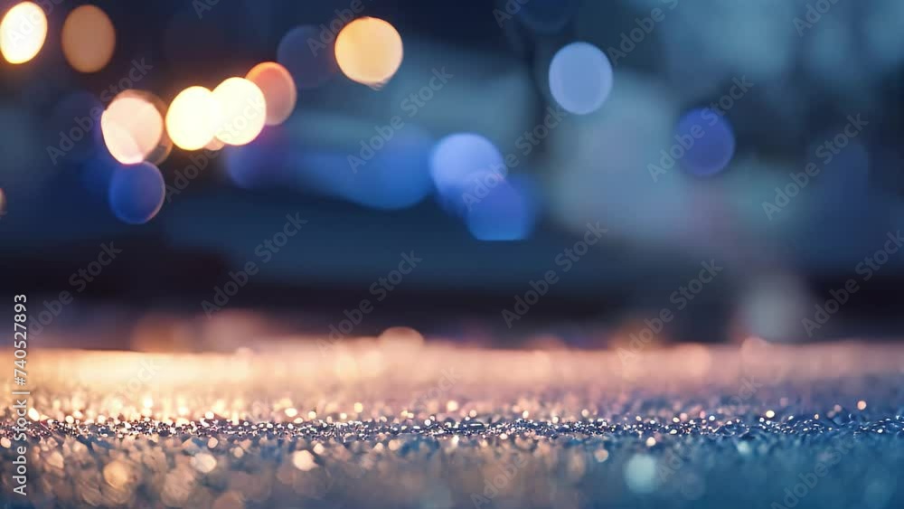 Poster a blurry photograph capturing bright lights in the dark, creating an abstract and intriguing visual,