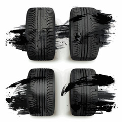 Vector tire marks texture with grunge effect, splashes. Black monochrome tread prints Generative Ai