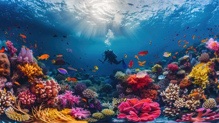 Fotobehang A brave diver explores the seabed in Palau, with colorful coral reefs surrounding it, Ai Generated Images © mohammad