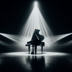 A musical instrument: grand piano, sits on alone on stage ready to play, under a strong single...