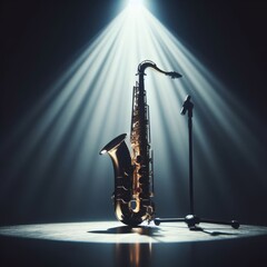 A musical instrument: saxaphone, sits on alone on stage ready to play, under a strong single spotlight - obrazy, fototapety, plakaty