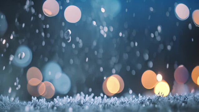 A blurry photo capturing snow and twinkling lights in a winter setting, blue winter bokeh abstract design background video, AI Generated